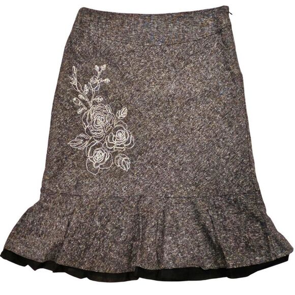 Fairycore Twee Academia Tweed  Floral Embroidered Ruffle Midi Skirt Workwear - Picture 1 of 11